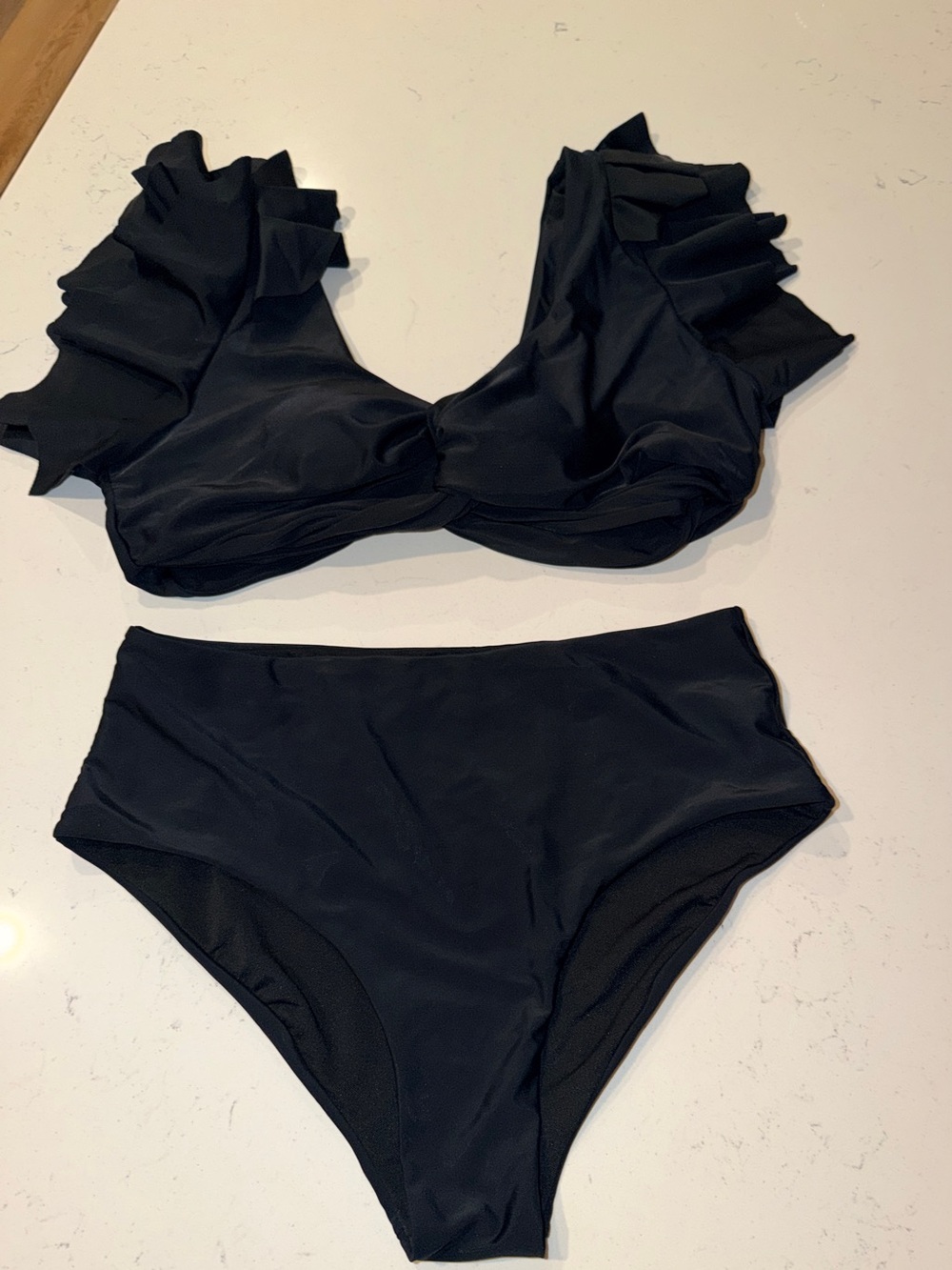 Black Ruffle High-Waist Bikini Set, Black, L - Picture 2 of 4